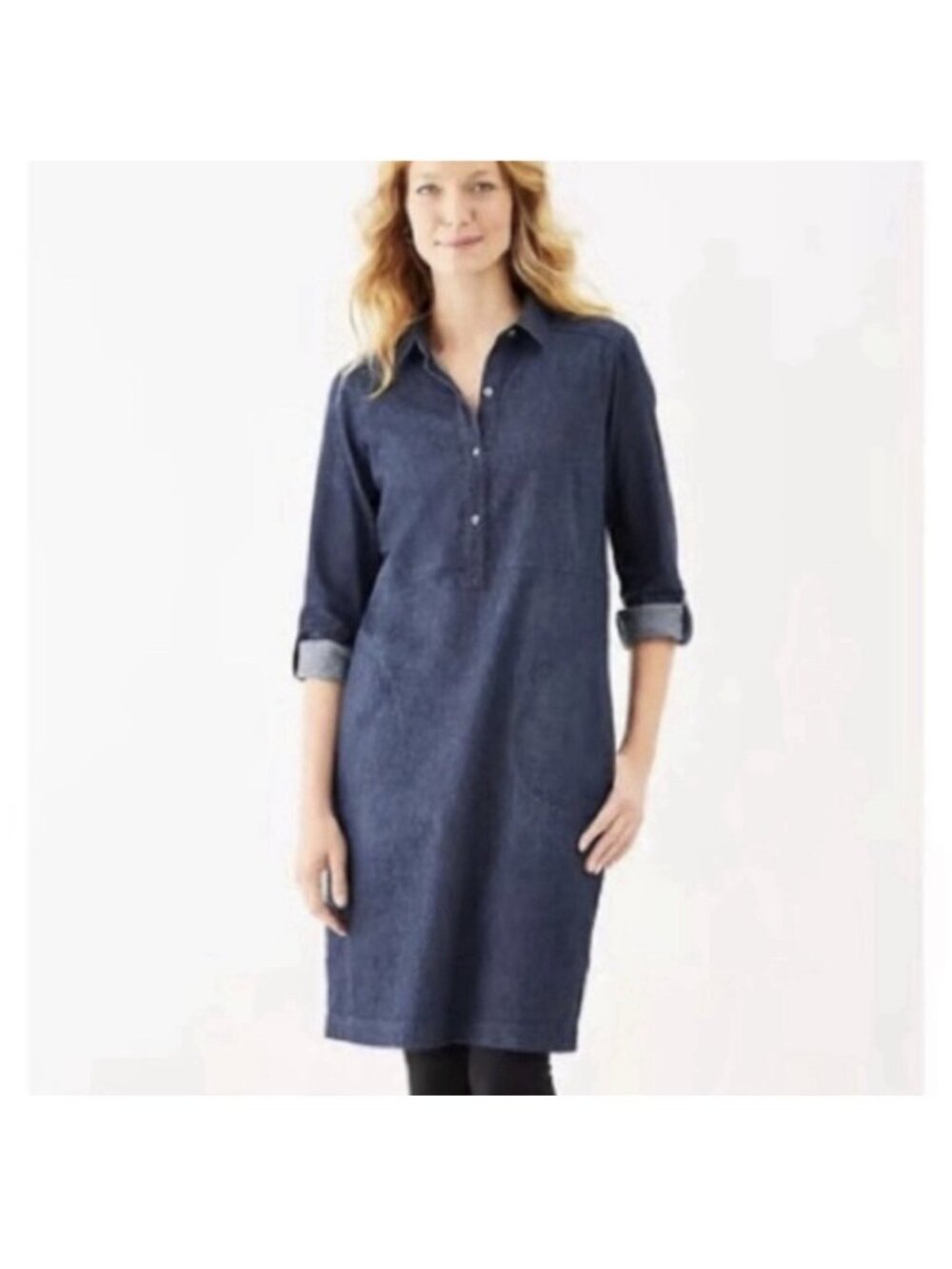 J Jill Denim Dress XL Collared Half Button Roll Tab Long Sleeve Dark Blue - Picture 2 of 8